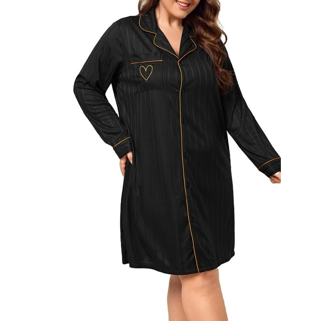 Black Casual Heart Print Lapel Neck Nightgowns Long Sleeve Plus Size