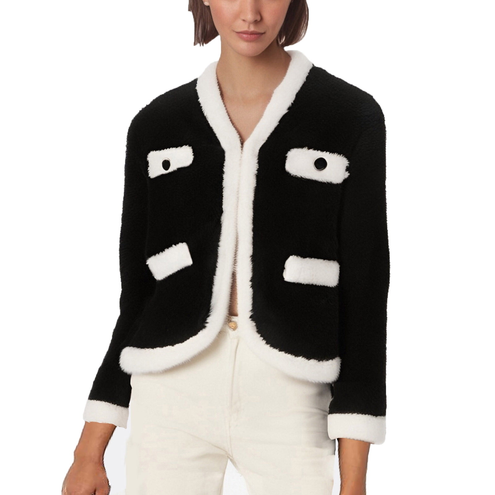 Classy Black Hooded Patchwork Warm Fleece Jacket Winter