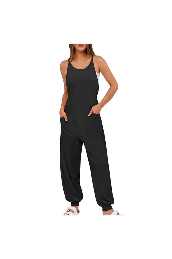 Black Casual Pants for Women Summer Fall Spandex Loose Fit Straight Leg Plain Long Cuff Leg Jumpsuits Pants Unitard Women 2025 Clothes Trendy XL