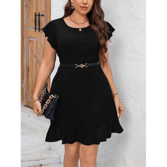 Black Casual Round Neck Ruffle Sleeve Fit & Flare Dress With Belted Waist