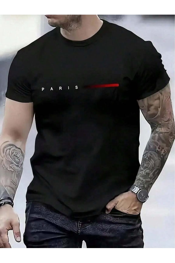 Black Casual Short-Sleeve Round Neck T-Shirt With Paris Text And Red Line Print For Men