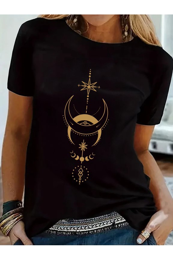 Black Casual Short Sleeve T-Shirt Mystical Wind, Moon, And Printed Short-Sleeve Round-Neck T-Shirt