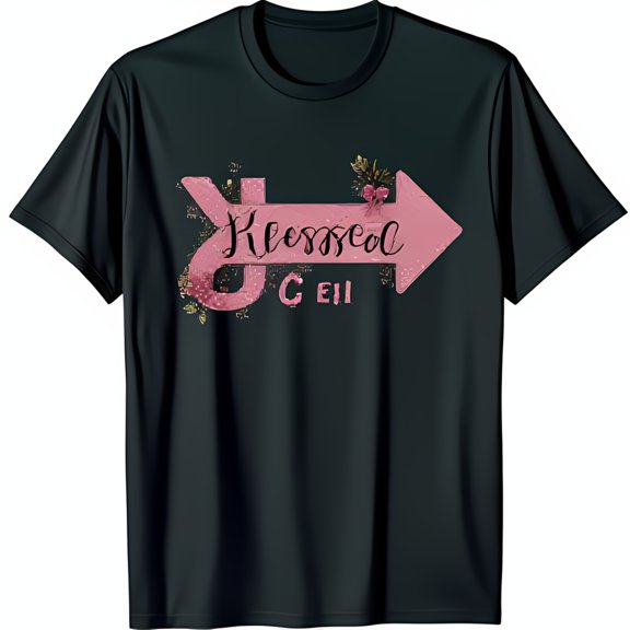 Black Casual T-Shirt with Pink Glitter 'Blessed' Arrow & Floral Design