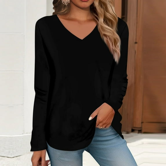 Black Casual Tops for Women, Long Sleeve Flowy Tops for Women, Polyester Womens Fitted T Shirts, Cute Tops for Women, Women's Long Sleeved V Neck Floral And Plant Printed Casual Fashion T Shirt Top