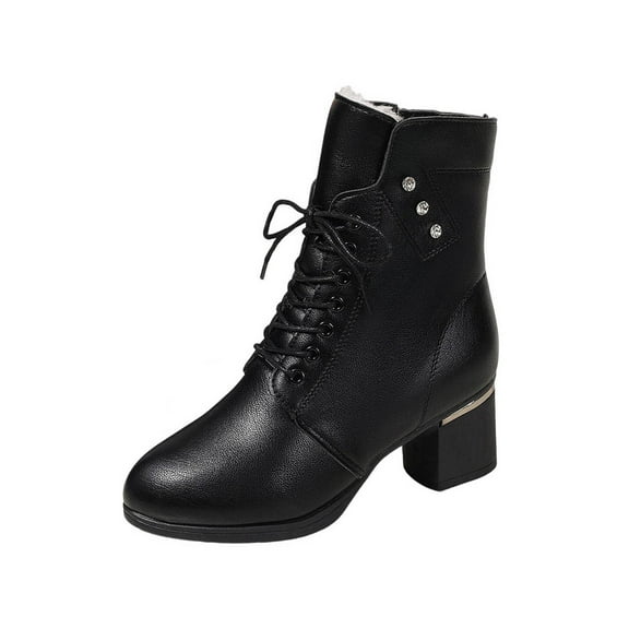 Black Casual Winter Footwear For Women With Front Lace-Up And Side Zipper Chunky Heel Round Toe High Heel Warm