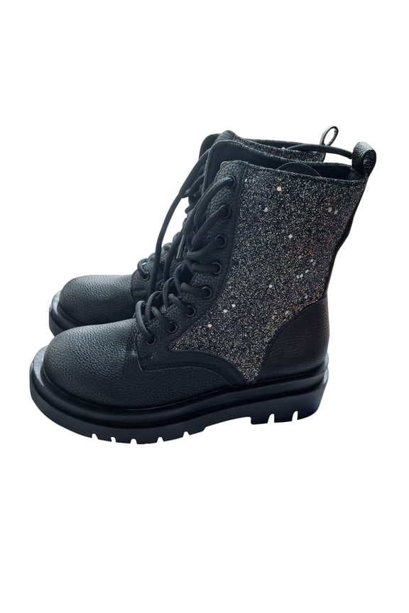 Black Casual Women'S Lace Up Boots Round Toe High Top Platform Chunky Sole Sparkling Sequin For Outdoor Indoor Style