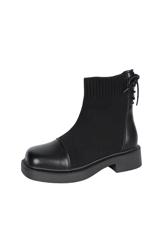 Black Casual Womens Winter Booties Round Toe Chunky Heel Mid Heel Mesh Spliced Slip On Comfortable Ankle Boots