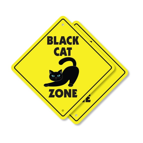 Black Cat (2 Pack) Plastic Crossing Sign - 10 Inch X 10 Inch Xing Sign Gift Pet Feline Animal Superstition Halloween Spooky Decor Mysterious Night Playful