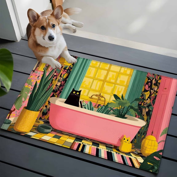 Black Cat 2x3 Area Rugs for Living Room, Pink Bathtub Green Leaf Whimsical Style Modern Non Slip Floor Mat Washable Low-Profile Indoor Carpet for Bedroom, Dining Room, Bathroom