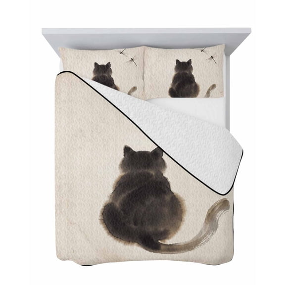 Black Cat 3 Piece Quilt Set Twin Size, Mist Dragonflies Animals Artistic Beige Background Soft Bedspread Coverlet Bedding Set Microfiber Lightweight Comforter Set with 2 Pillowcases for Bedroom