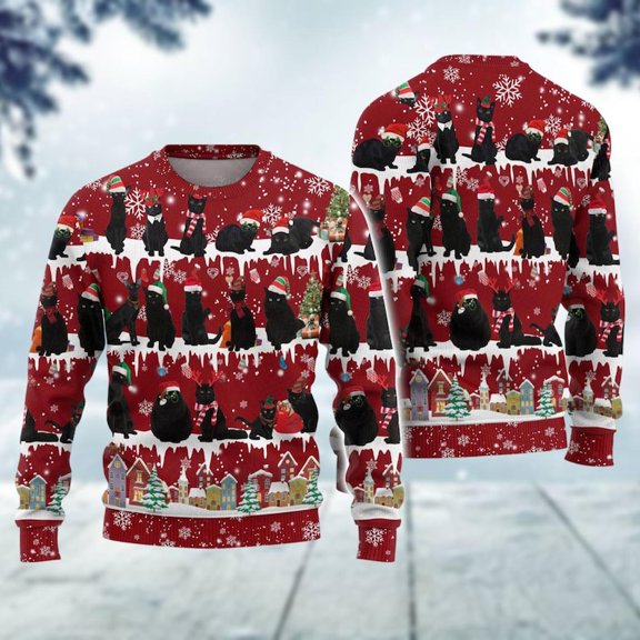 Black Cat 3D Christmas Sweater, Cat Mom Xmas Sweater, Cat Meowy Holiday Sweater, Christmas Sweatshirt, Gift For Cat Owner