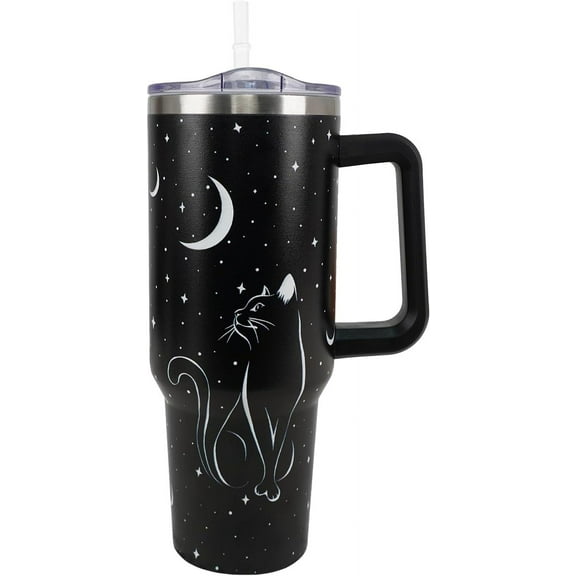 Black Cat 40Oz Tumbler with Handle - Witch Goth Halloween Design Travel Mug for Cat Lovers, Funny Gift for Women