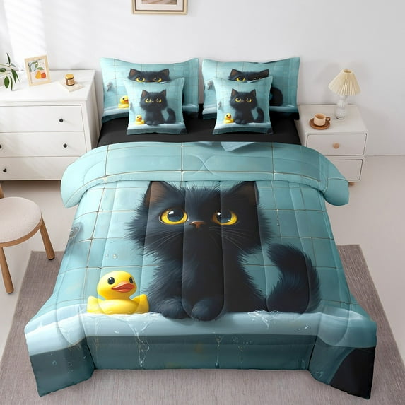 Black Cat 7 Pieces Bedding Set Queen,Cartoon Pet Kitten Lovely Bath Duck Bed in a Bag for Teens,Kawaii Animal Teal Brick Wall Print Comforter Set with Sheets,Pillow Covers