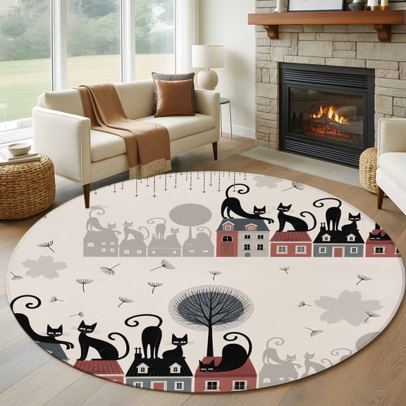 Black Cat 8' Round Area Rug, Cartoon Modern Art Washable Non-Slip Large Circle Rugs for Living Room Bedroom, Soft Low Pile Rug Carpet for Dining Room Kitchen Farmhouse