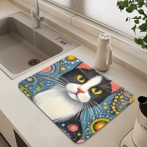 Black Cat Abstract Art Dish Drying Mat for Kitchen Counter Absorbent Drainer Mats (15.7X11.8inch)