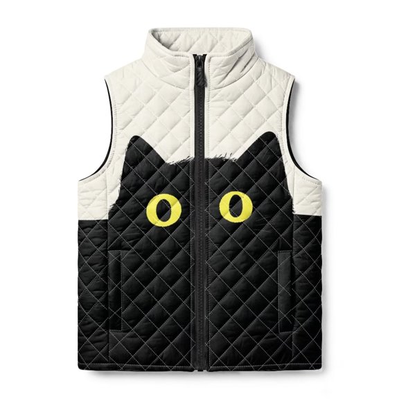 Black Cat Abstract KidsVests Zip Up Sleeveless Outwear Jacket, 11-12Y, Kids Lightweight Quilted Vest Gilet for 2-12Y, Stand Collar, Warm Puffer Vest with Pockets, Fall Winter Outwear Coat