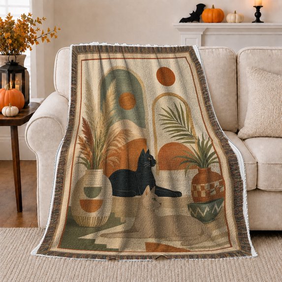 Black Cat with Abstract Plants and Warm Desert Shapes, Modern Boho Cat Art for Cat Lovers, Birthday Gift, Soft Flannel Blanket for Bedroom and Lounge, Chic Home Decor