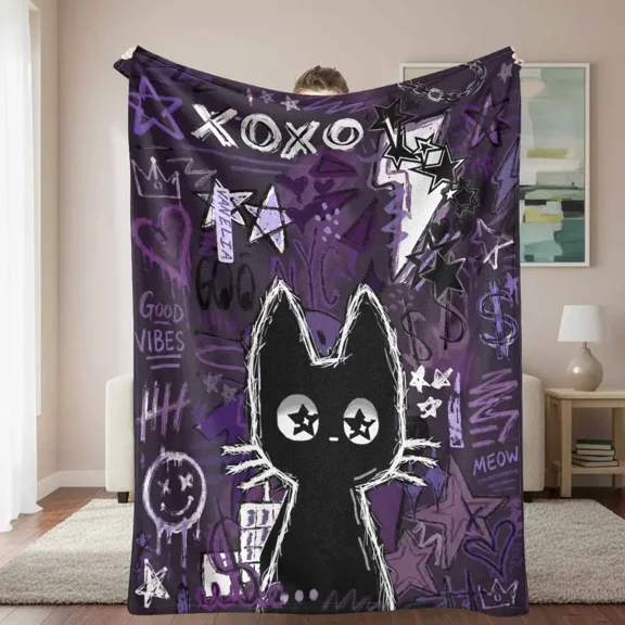 Black Cat Aesthetic Graffiti Print Flannel Throw Blanket, Cozy Gift 30 x 40 in