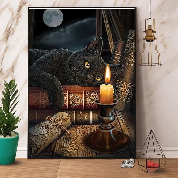 Black Cat And Books Paper Poster No Frame Matte Wall Art Decor 11 x 17 Inch Poster