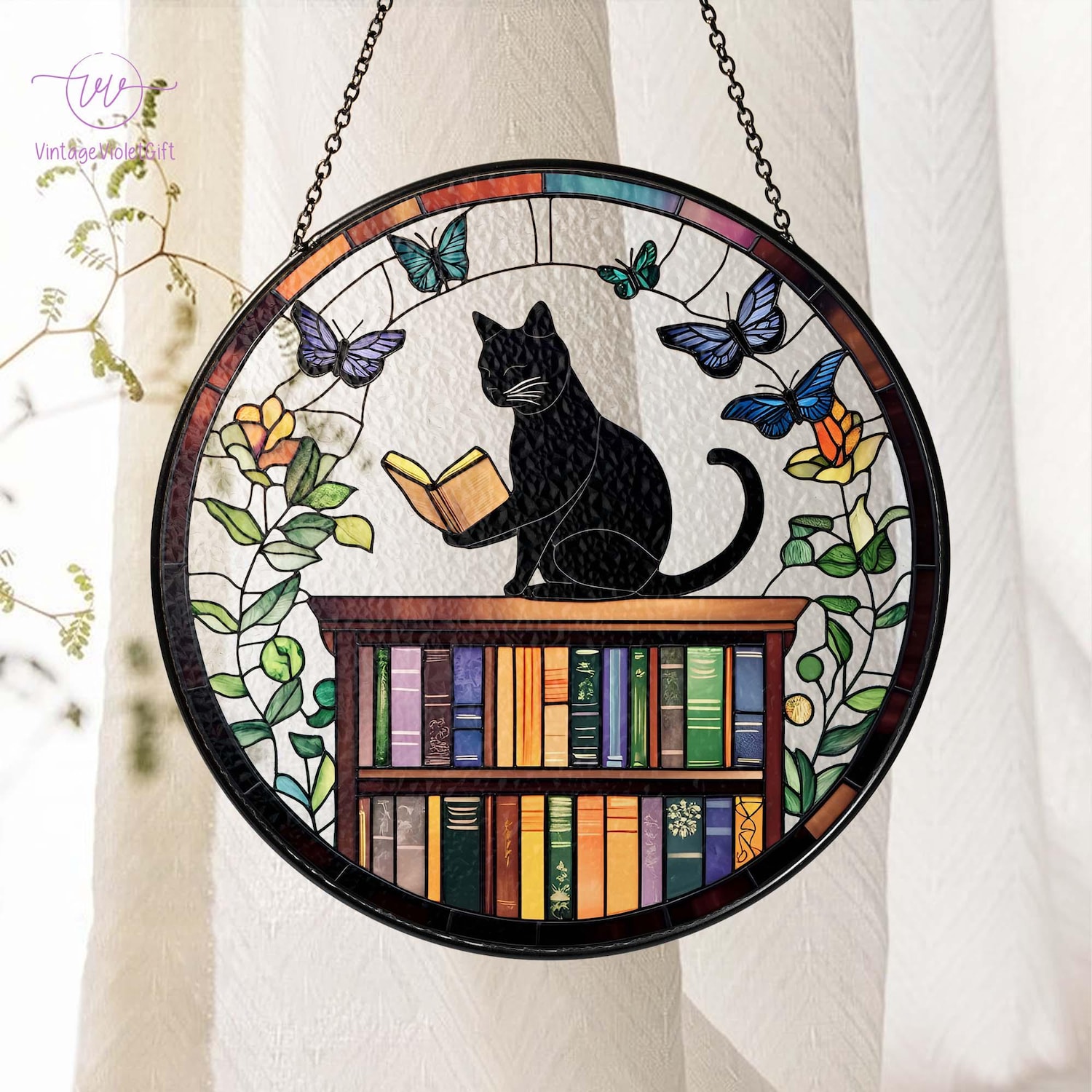 Black Cat And Books STAINED GLASS Suncatcher, Book Window Hanging ...
