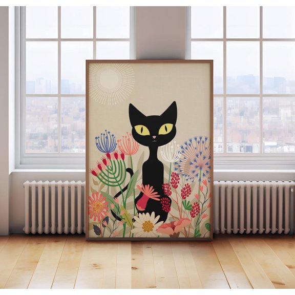 Black Cat And Flowers Atomic Floral Spring Wall Art Print, Seasonal Living Room And Home Decor