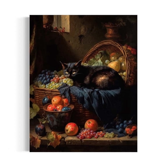 Black Cat And Fruit Basket Wall Art, Gothic Floral Still Life ...