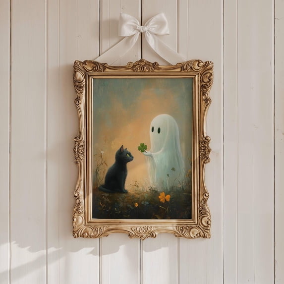 Black Cat And Ghost Four Leaf Clover Wall Art Print, Whimsigoth Home ...