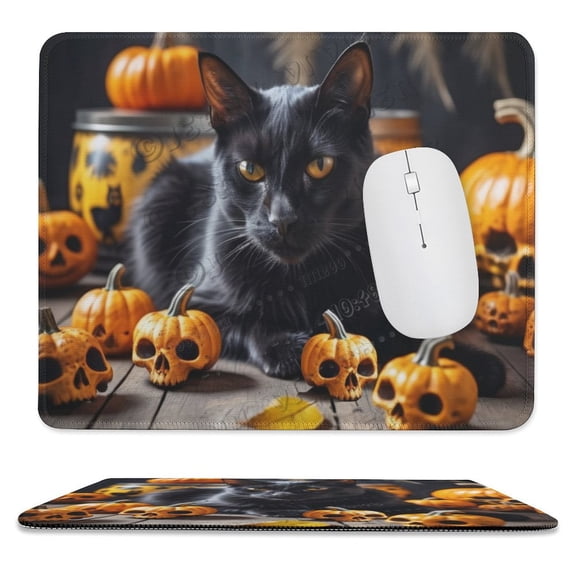 Black Cat And Skeleton Print Mouse Pad with Stitched Edge,Premium-Textured Mouse Mat, Non-Slip Rubber Base Mousepad for Laptop, Computer & PC 10"x12"