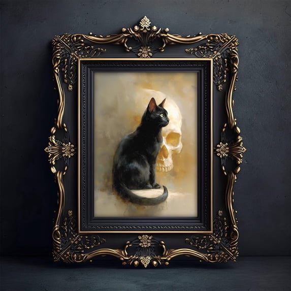 Black Cat And Skull Poster, Gothic Halloween, Dark Academia Style ...