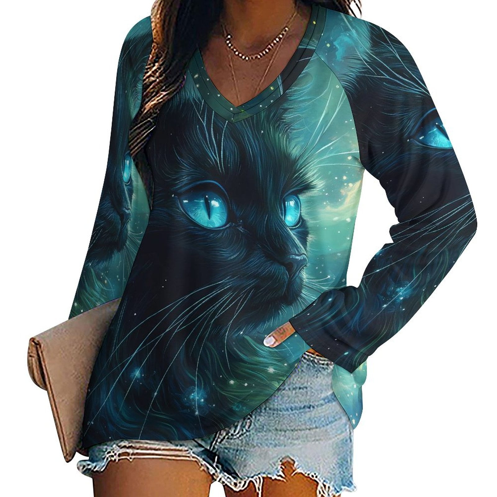 Black Cat And Starry Sky Galaxy Long Sleeve T Shirts for Women V Neck Blouses Casual Tee Tops L
