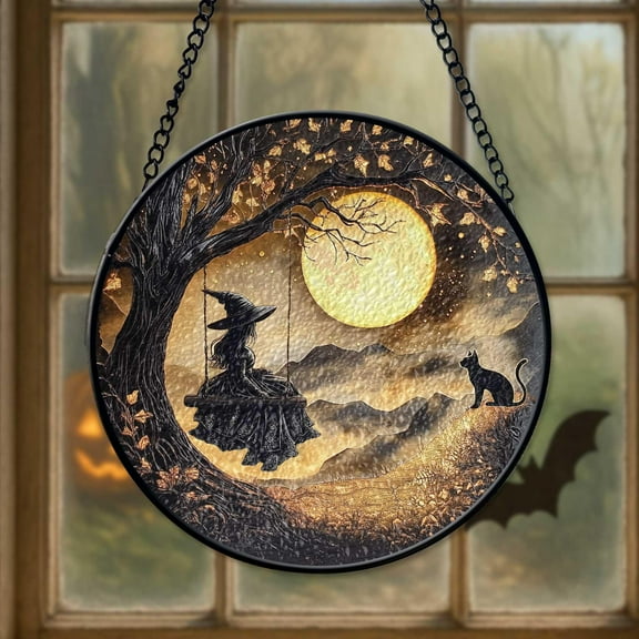 Black Cat And Witch Suncatcher, Cat Moon Suncatcher, Witchy Window Hanging , Spooky Halloween Decor for Windows, Cat Witch Halloween Decor