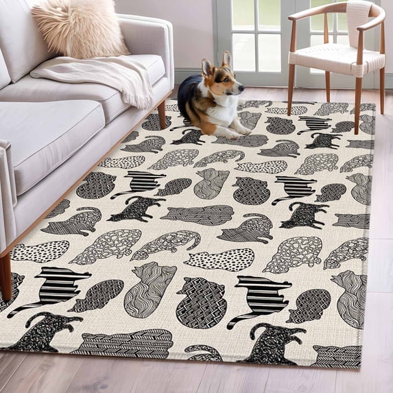 Black Cat Area Rugs 4'x6', Washable Small Throw Rugs for Office Bathroom, Rustic Striped Geometric Abstract Indoor Outdoor Rug Non-Slip Low Pile Carpet Runner Reversible Floor Mats