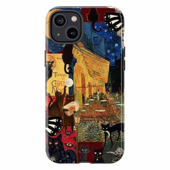 Black Cat Art Collage Phone Case, Vintage Van Gogh Café & Chat Noir Poster Design for iPhone 17 16 15 14 13 12 11 Pro Max Plus Mini