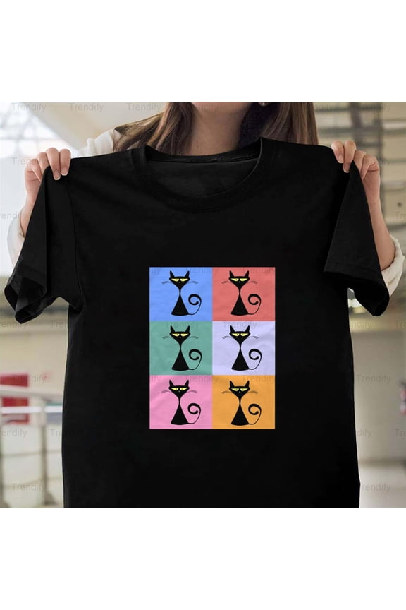 Black Cat Art Feline Animal Portrait Minimalist Graphic Retro Vintage Unisex T-Shirt Y1673, Up to Size 5XL