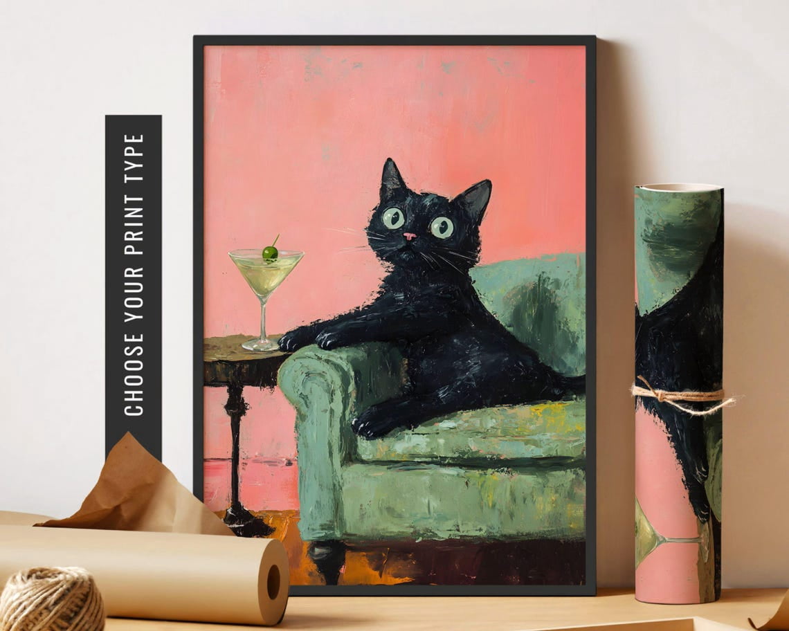 Black Cat Art Martini Bar Cart Decor Cocktail Art Bar Decor Vintage ...