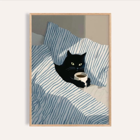 Black Cat Art Print Relaxing Blue and White Bedroom Feline Decoration ...