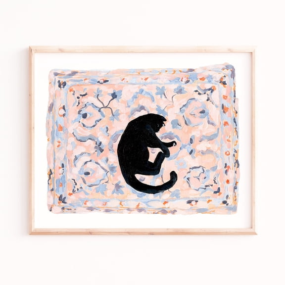 Black Cat Art Print, Sleeping Pose on Pink Rug Poster Art Print Home Decor, Unframed Poster Size 8x12 F03.1.20l864