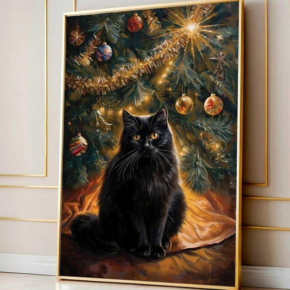 Black Cat Art Print, Vintage Cat Poster, Wall Art, , Winter Decor UNFRAMED Poster, 8x12