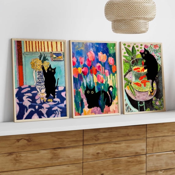 Black Cat Art Prints Goldfish Cat Print Whimsical Art Cat Gallery Wall ...