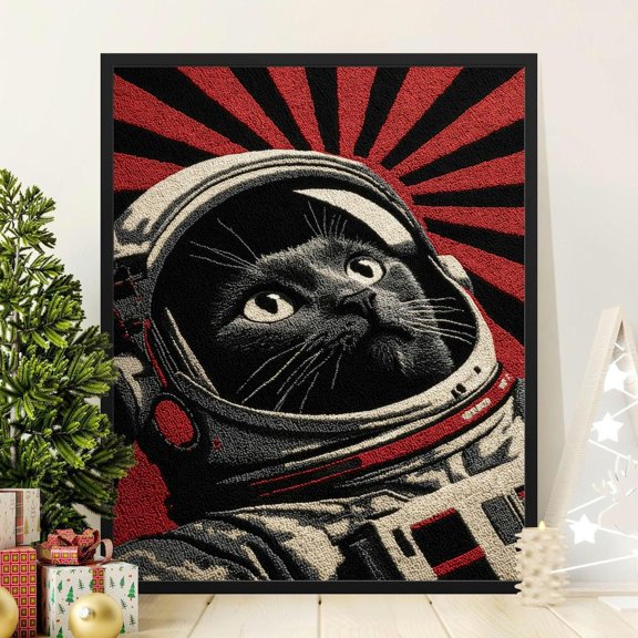 Black Cat Astronaut Art Print Retro Sci-Fi Space Kitty Wall Decoration, Stretched Canvas 12x16in