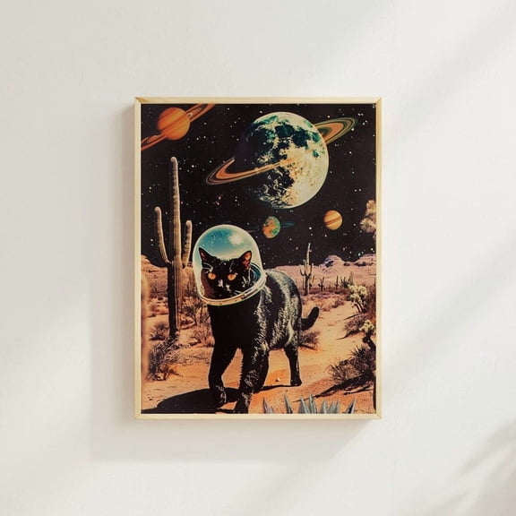 Black Cat Astronaut Poster – Vintage Sci-Fi Space Cat Desert Print, Surreal Retro Futuristic Wall Art, Cosmic Cat Vaporwave Decor Unframed Poster