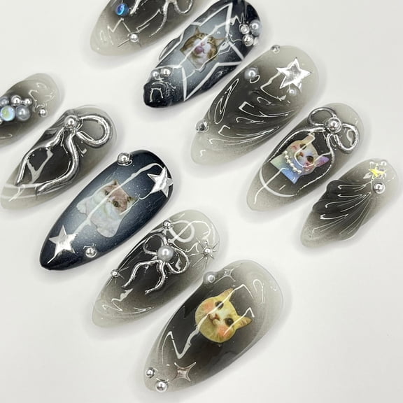 Black Cat Aura Medium Almond Press On Nails, 3D Gel Fairycore Fake Nails, Dreamy Nails for Birthday, Holiday or Vacation