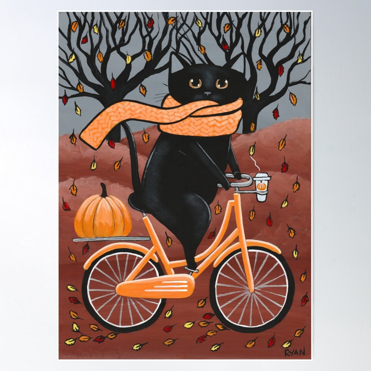 Black Cat Autumn Bicycle Ride Poster Wall Art, Modern Wall Decor For ...