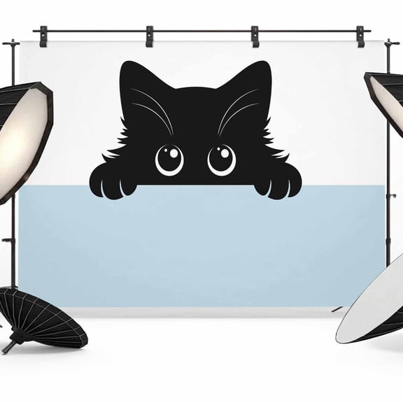 Black Cat Backdrop for Photography, Cute Cat Cartoon Animal with Big Eye Blue White Photo Backdrop Portrait Background Party Banner Photo Backgrounds for Studio Booth Props, 10x8ft