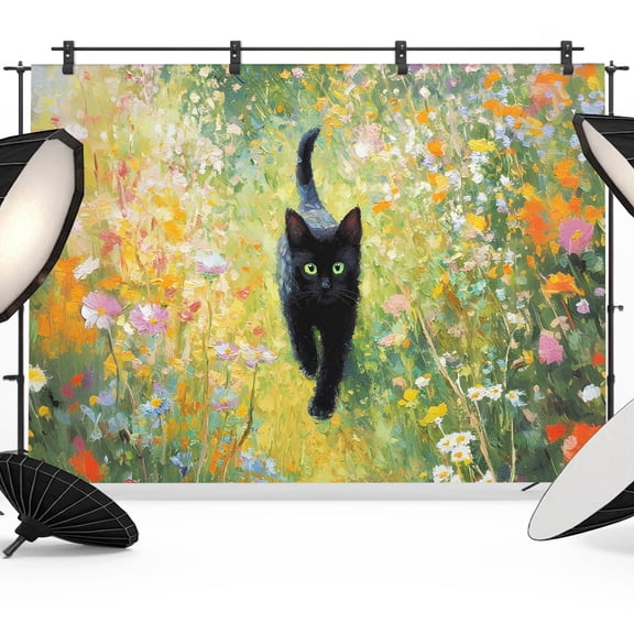 Black Cat Backdrops for Photography, Colorful Floral Wildflowers Garden Boho Fabric Photo Background Sturdy Studio Props for Photo Studio, Video Recording, Booth & Photoshoot 7x5ft