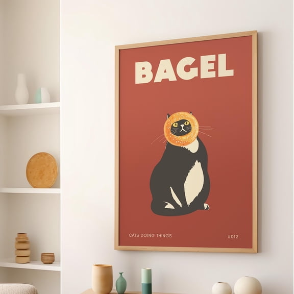Black Cat Bagel Face Wall Art Retro Kitchen Cat Decor, Unframed Canvas Size 12x18
