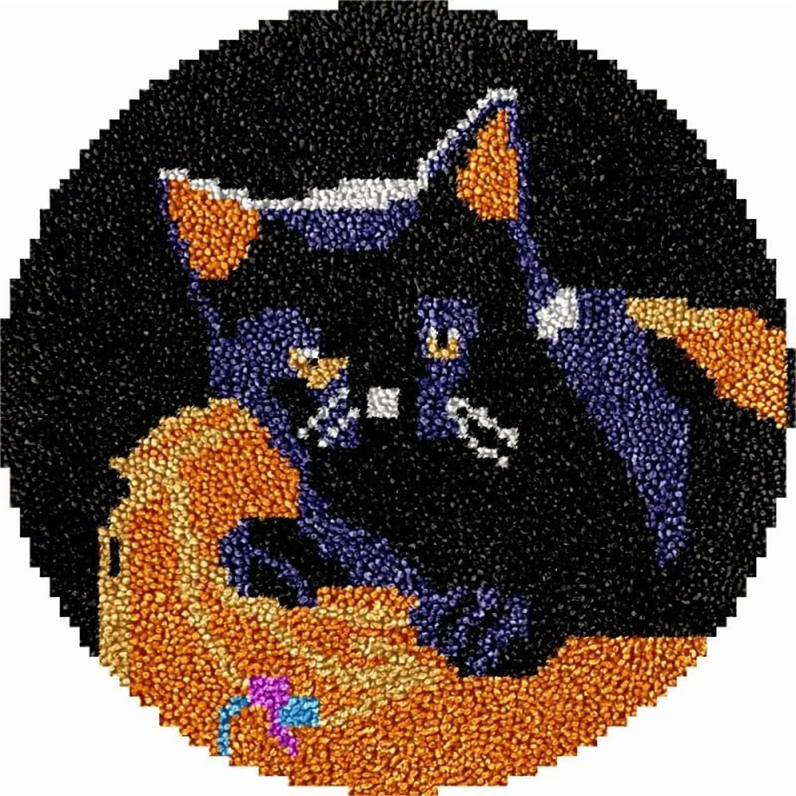 Black Cat with Ball of Yarn Round Shape Latch Hook Rug Kits Set for Starter Crochet Hook Cushion Mat Sofa Seat Cushion Crocheting Kits with Preprinted Canvas Crochet Yarn Kits 50X50cm (ui61)