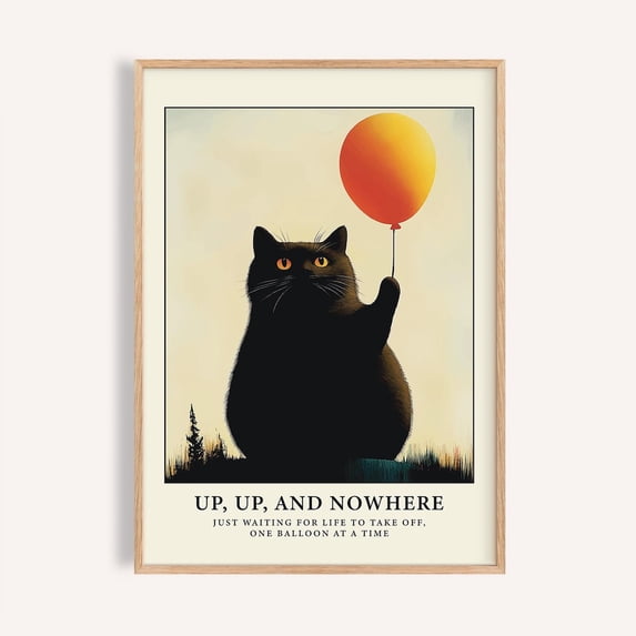 Black Cat Balloon Print Cat Wall Art Whimsical Feline Home Room ...