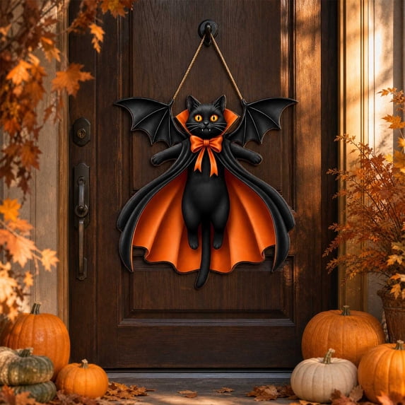 Black Cat Bat Door Sign, Halloween Decorations Outdoor/Indoor 11.8", Hanging Wooden Vampire Cat Decor for Front Door Porch Wall, 1 Pack