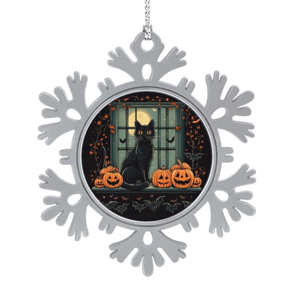 Black Cat Bat Moon Holiday Pewter Snowflake Ornament Halloween Holiday Decorations Keepsake Metal Ornament Christmas Tree Decoration Gifts Keepsake for Family Xmas Ornament 3"